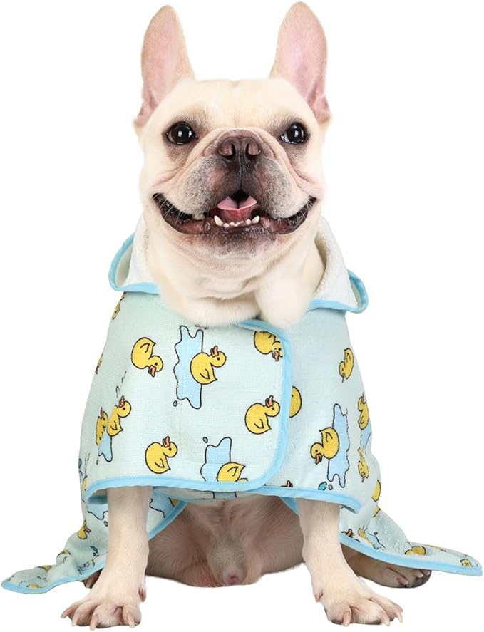 HDE Dog Bathrobe Super Absorbent Quick Drying Puppy Towel Wrap Coat Adjustable After Bath Robes with Hood for Dog Sizes S-XXL Rubber Duck Puddles S