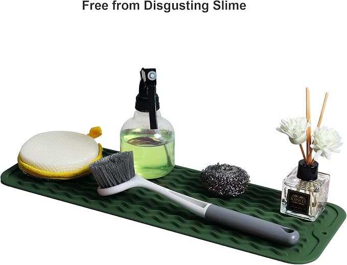 ZLR Small Dish Drying Mat for Kitchen Counter, 6"x17", Dark Green | Narrow Silicone Drainer for Apartment, Dorm & RV, Wavy Ridges Quick-Dry, Non-Slip, Rolls Up, Dishwasher Safe