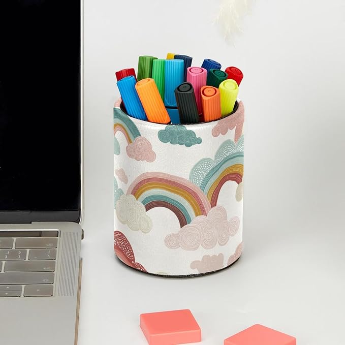 Faux Leather Pen Holder for Desk, Pencil Organizer Rainbows and Clouds Pen Cup Desk Decor Makeup Brush Holder Storage for Office Home