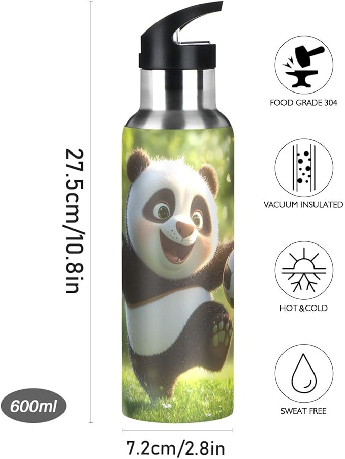 Panda Playing Football Water Bottle with Straw Lid Kids Insulated Stainless Steel Water Flask Sports, 20 Oz Hot Cold