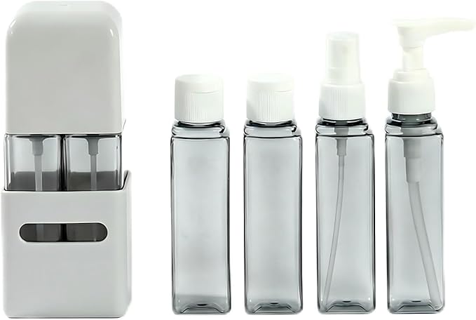 4 in 1 Travel Dispenser Bottle Refillable 4 in 1 Travel Dispenser 60ml Travel Bottles Leakproof Travel Size Containers for Toiletries Shampoo Lotion Gray