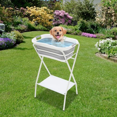 2 In 1 Elevated Dog Bathtub, Foldable Pet Washing Station with Stand | Foldable Frame with PP/Tpe Basin – Supports Up to 110 Lbs for Small Pets, Includes Restraint Belt and Bottom Storage Rack
