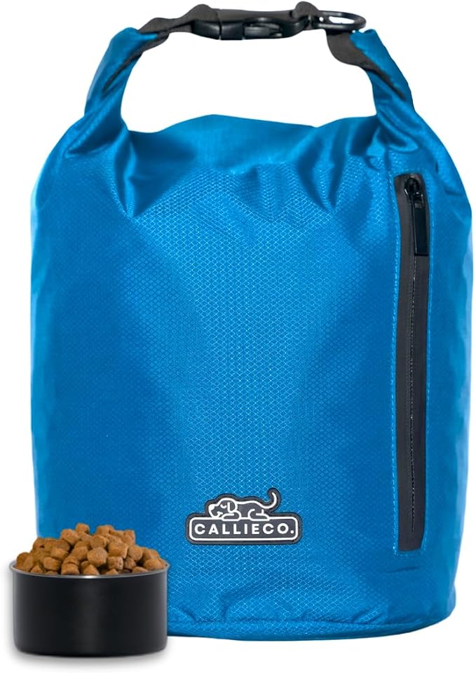 Callieco Dog Food Travel Bag w/ 1 Cup Scoop and Zipper Side Pocket | Waterproof Kibble Storage Container for Home, Road Trips, Camping, Boarding and More (Blue, 64 Cups)