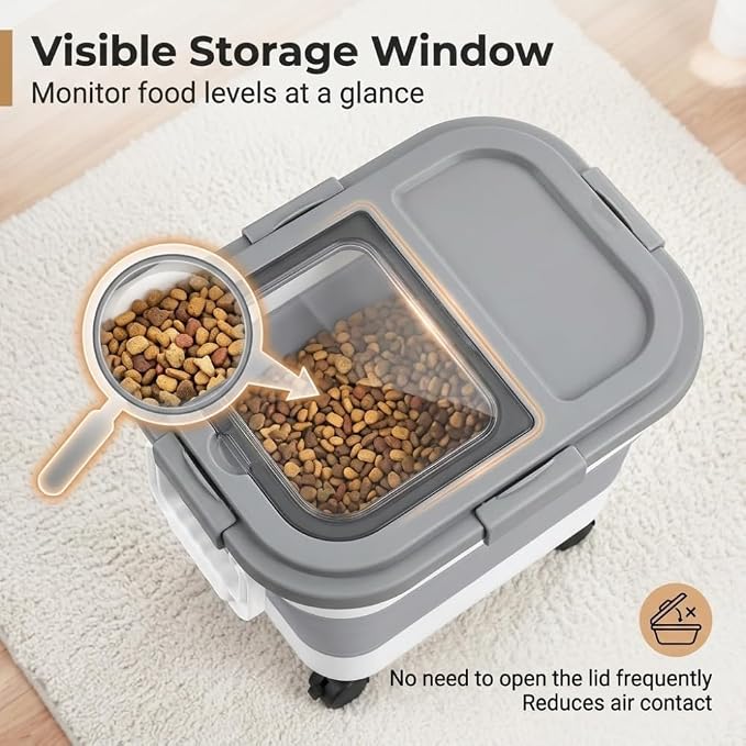 Collapsible Pet Food Storage Container, Airtight Dry Kibble Container with Detachable Wheels and Handle Storage Bin, Foldable Dog Cat Food Holder for Pantry Organization, 22-24 lbs