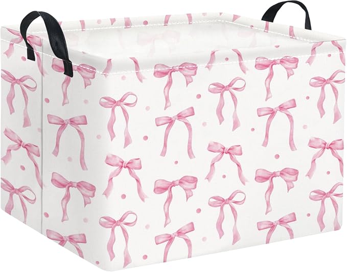 Rectangular Baby Kids Storage Basket for Home Kitchen Girls Cute Toy Storage Bin Organizer Shelf Book Room Decor(Dot Bowknot)