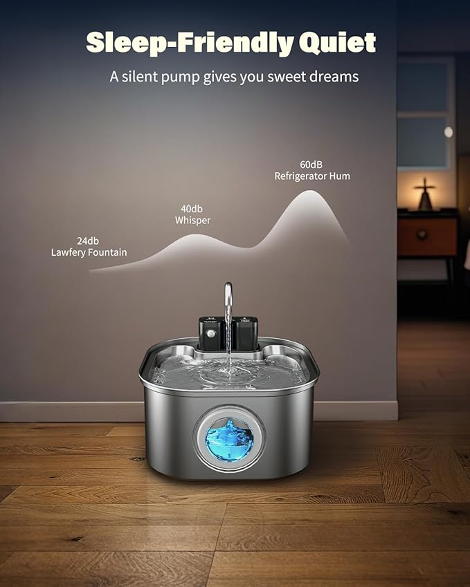 Lawfery Wireless Cat Water Fountain Stainless Steel 3.2L/108oz, Battery Operated Pet Fountain with 3 Modes, Cordless Pet Water Dispenser for Cats and Dogs