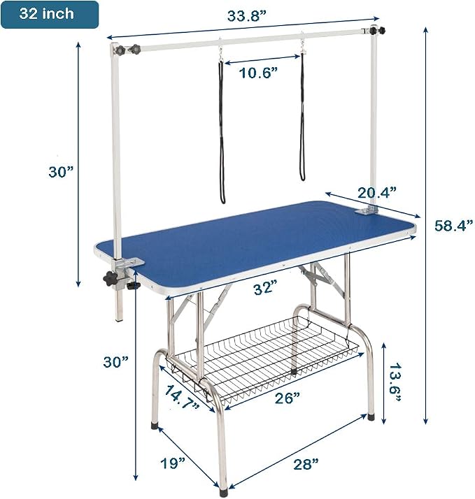 Bonnlo 32-inches Pet Grooming Table, Portable Dog Grooming Table with Arm Noose & Mesh Tray, Adjustable Foldable Pet Groom Table Stand for Dog Cat, Maximum Capacity Up to 330 LBS (32in)