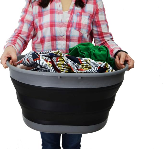 SAMMART 25L(6.6 Gallon) Collapsible Oval Laundry Basket-Foldable Storage Container/Organizer-Portable Washing Tub-Space Saving Hamper-Pet Bath Tub,Water Capacity 20L(5.28 Gallon) (Grey/Black)
