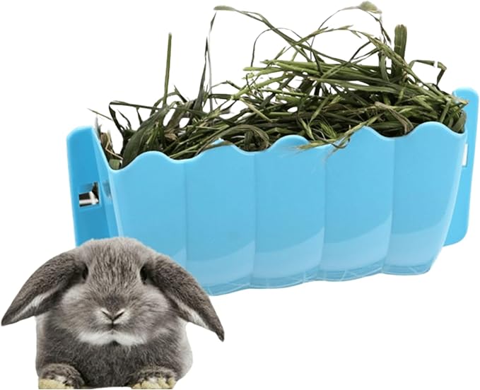 Rabbit Hanging Hay Feeder Rack Guinea Pig Mess-Free Dispenser Hay Bowl Manger Rack Wall-Mounted for Small Pets Rat Chinchilla Ferret Squirrel Cage Accessories (Blue)