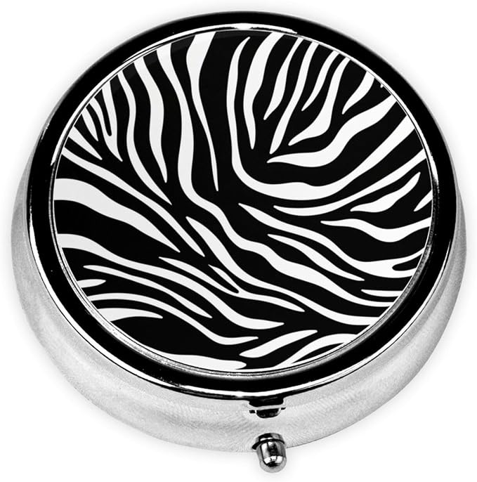 Compact Pill Box, Zebra Stripe Round Waterproof Case, Travel Organizer for Supplements, Purse Pocket Container for Daily Office Use
