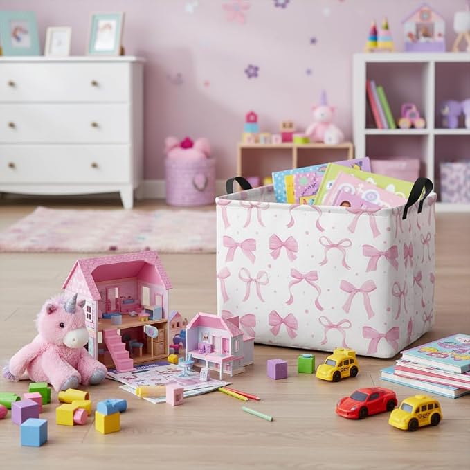 Rectangular Kids Basket Baby Girl Basket Fabric Storage Bin Organizer Box Room Decor(Dreamy Bowknot)