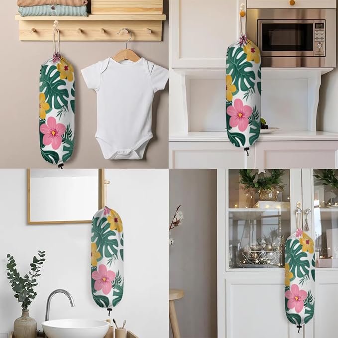 Wild Palm Leaves Plastic Bag Holder Tropical Floral Grocery Bag Storage Dispenser Washable Hanging Shopping Bags Carrier Reusable Wall Mount Trash Bag Organizer for Kitchen Pantry
