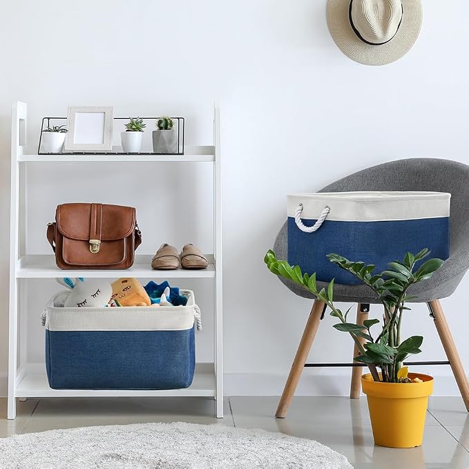 Organization and Storage Basket for Organizing - X Large 3 Pack 17.7L×13.8W×9.8H in Collapsible Storage Bin for Shelves, Basket for Gifts Empty Toys Organizer Gift (White & Jean Blus)