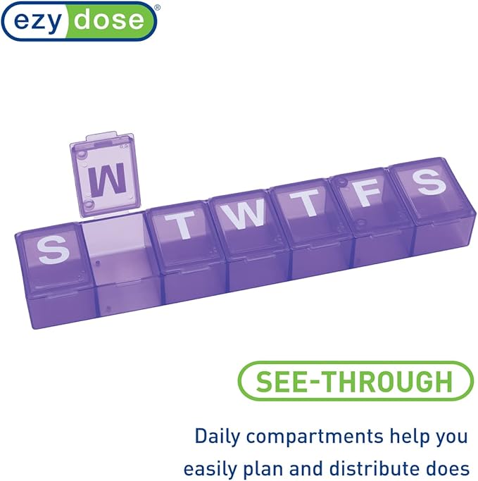 Ezy Dose Weekly (7-Day) Pill Organizer, Medium Planner, Purple, BPA-Free | Compact Daily Vitamin & Supplement Medicine Case, Pop Up Compartments, Convenient and Easy to Use, Travel-Friendly, BPA-Free
