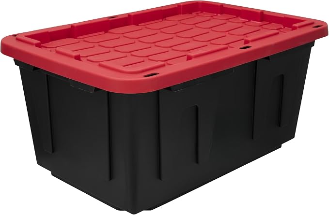 27 Gal Garage Storage Bin with Snap Lid, Lockable, Recycled, Black/Red