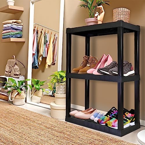 Oskar Heavy Duty Plastic Storage Shelves- for Garage, Kitchen, Bathroom Basement Kids Room, Stackable 3-Tier Black Organizer Rack for Books Shoes, Toys, Pantry, Cleaning and Closet Organization