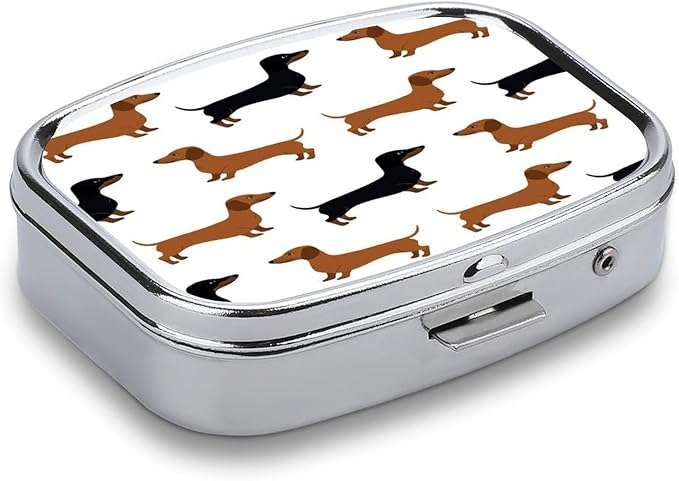 2 Compartment Square Pill Box Portable Metal Travel Pill Organizer | Dachshund Weiner Pet Dogs Pill Case to Hold Vitamins, Medication, Fish Oil and Supplements, Ideal for Purse & Pocket
