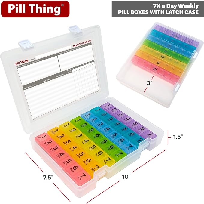 7 Times a Day Weekly Pill Box Organizer Case, Secure 7X Pillbox with Medication Schedule, Includes Premium Lifetime Subscription to Medisafe App (7 Time-a-Day)