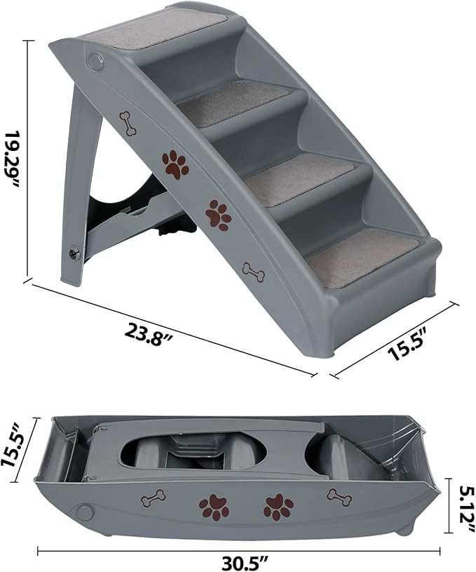 Foldable Pet Stairs with Non-Slip Surface, Portable Dog Steps Ramp for High Beds, Couches, Cars and SUVs, Support Up to 150lbs, Waterproof, Grey