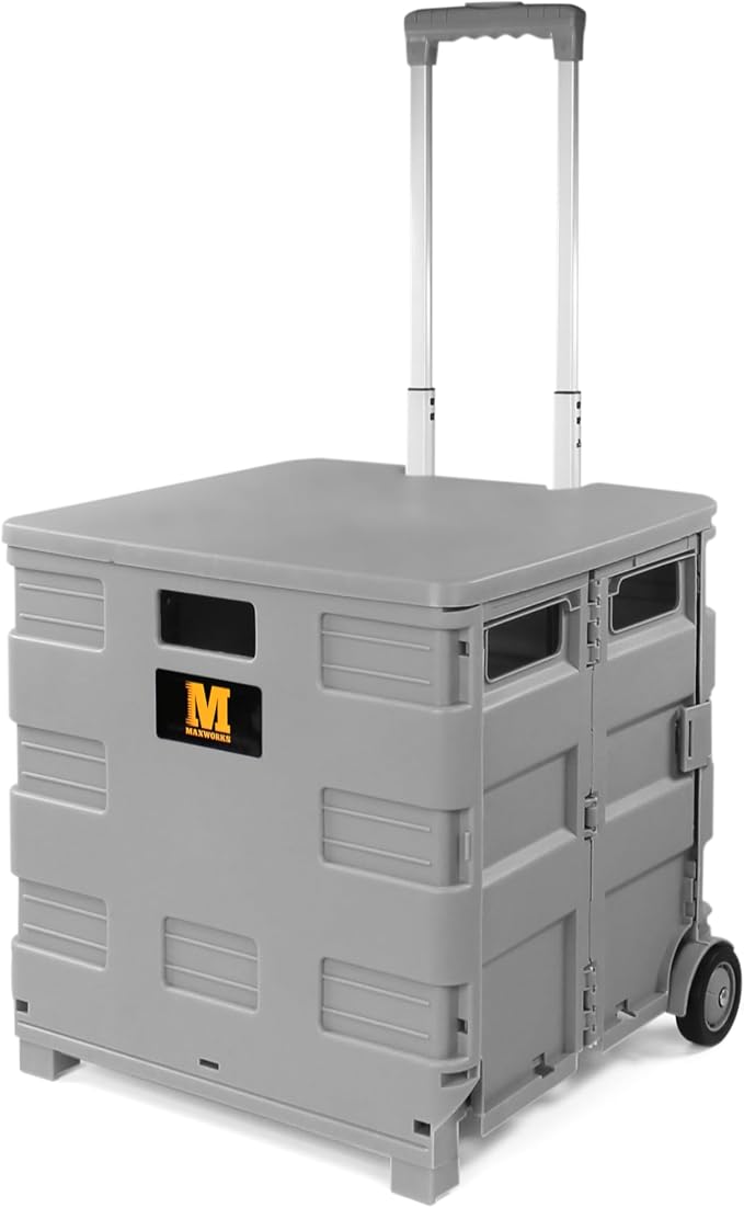 MaxWorks Collapsible Rolling Utility Cart with Lid 80 lb Capacity Folding Dolly with Telescoping Handle Heavy Duty Plastic Crate on Wheels for Shopping Office and Teachers (50876)