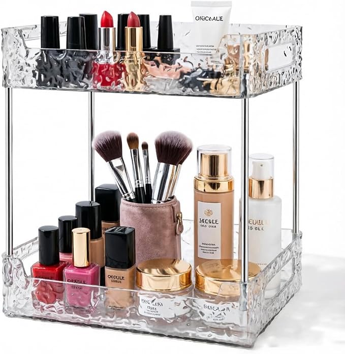 Acrylic Bathroom Counter Organizer, Organizers and Storage, Clear 2 Tier | Crystal, Metal Frame, Glass Texture, PET Plastic Suitable for Most Rooms, Easy Clean