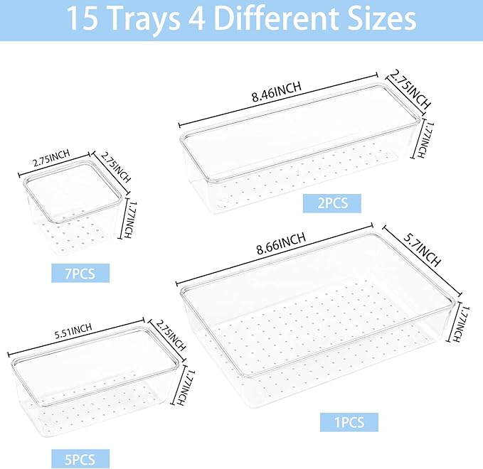 Manalete 15 Pcs Clear Plastic Drawer Organizer, Makeup & Vanity Organizer | 4-Size Versatile Desk Organizer & Storage Bins for Kitchen, Bathroom, Office, Jewelries, Easy Clean, Stackable, BPA-Free