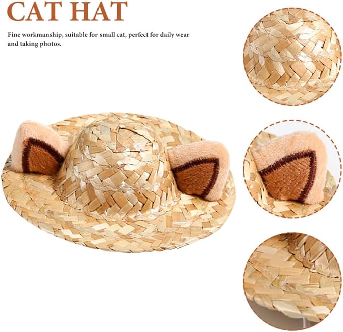 Adorable Summer Cat Hat with Ear Design, Straw, 13cm | Decorative Pet Headwear for Cats, Khaki Creative Style, Safe Comfortable Fit, Halloween Party or Holiday Use