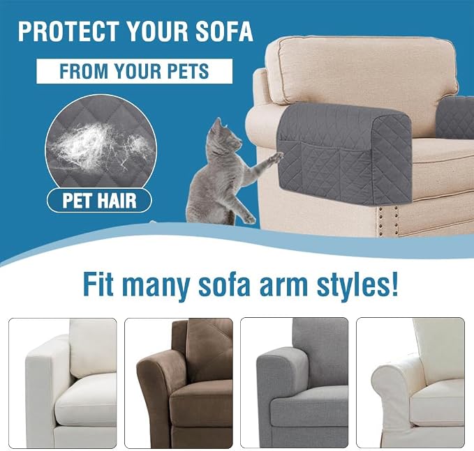 H.VERSAILTEX Water Resistant Couch Arm Covers for Sofa, 2 Pack, Gray/Beige | Waterproof Armchair Caddy, Couch Arm Covers Remote Control Holder Sofa Armrest Organizer for Magazine, Tablet, Phone, iPad