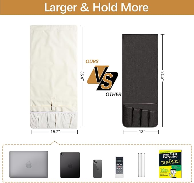 WOMACO Sofa Armrest Remote Magazine Holder, Non-Slip Armchair Recliner Caddy, Couch Arms TV Remote Control Organizer for Tablet, Phone, iPad, Laptop (Ivory, 16" x 35")
