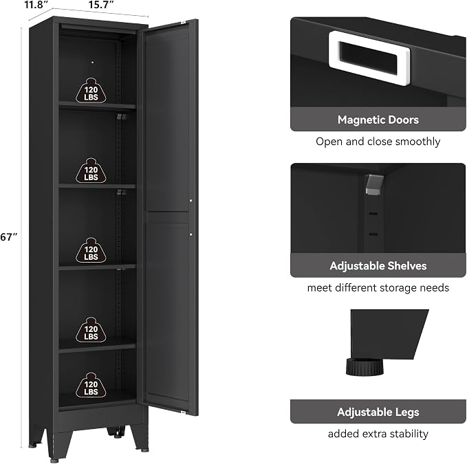 YAUWOH White Narrow Metal Storage Cabinet, Tall Freestanding Cabinet with 4 Adjustable Shelves & Barn Doors, Pantry Organizer for Bathroom Kitchen Home Office Dining Room（1PC,Black）