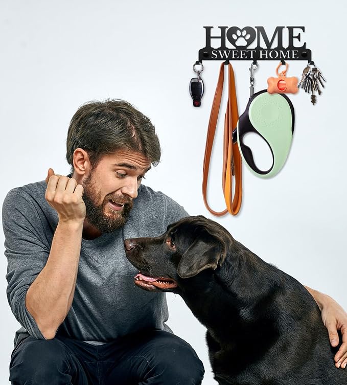 Dog Leash Holder Wall, Dog Leash Hanger Pet Leash Hook Home Sweet Home Design - Unique Metal Key Holder for Wall - Decorative Dog Leash Organizer for Wall, Dog Lovers Gift Idea