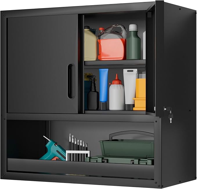 Garage Wall Cabinet,29.5" W Wall Mounted Garage Cabinets with Adjustable Shelf,Heavy Duty Lockable Metal Cabinet,Secure Hanging Tool Cabinet for Basement,Laundry Room,Workshop,Black
