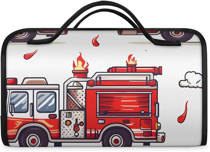 Fire Truck Makeup Bag for Women Hanging Roll-Up Travel Organizer Toiletry Kit with 4 Removable Compartments, Transportation