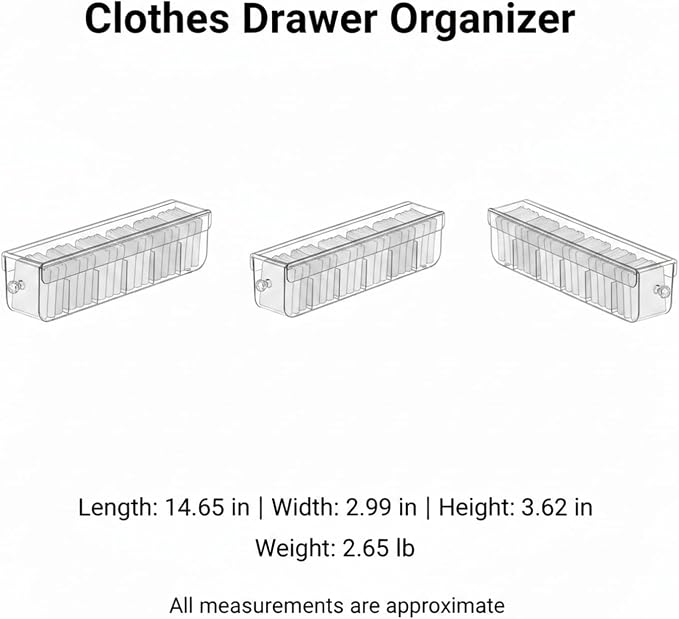 Clear PET Plastic Drawer Organizer for Socks & Accessories, Transparent Storage Box with Compartments, 14.6 x 3.0 x 3.6 Inches