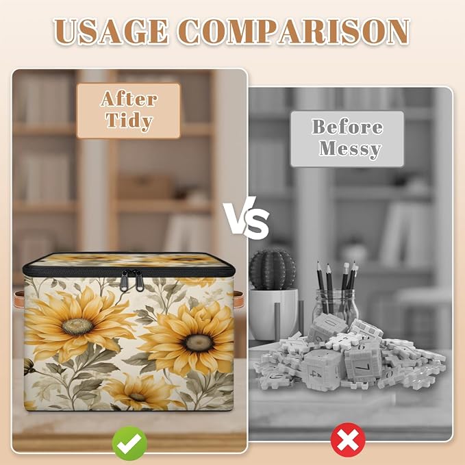 Pardick Flower Sunflower Storage Bins Storage Basket with Zipper Lid & Handle Foldable Storage Box Storage Cube Bin Clothes Organizer for Closet, Bedroom