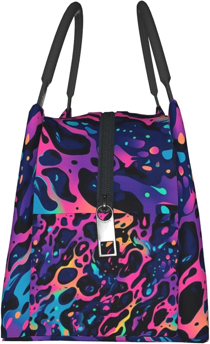 Neon Leopard Insulated Lunch Box for Kids Adults,Reusable Tote Bag with Colorful Abstract Art Pattern,Portable Lunchbox Handbag,Makeup Bags Organizer Gifts for Work Office Travel,11x6.3x6.7in