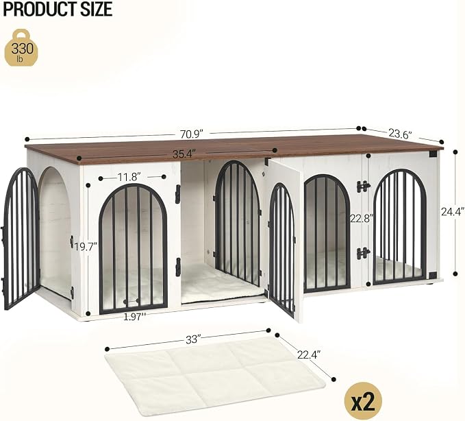Hzuaneri 70.9" Double Dog Crate Furniture, Dog Kennel Indoor with Cushion | Heavy Duty Dog Crate Furniture for 2 Dogs,Dog Cage End Table TV Stand with Divider for Med-Large Dogs,White Brown DFC81914B