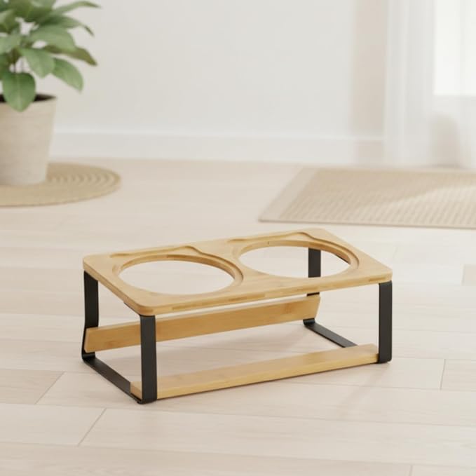 Cat Bowl Stand Elevated Feeder Raised Holder Double Dish Organizer Bamboo Wood and Iron Slanted Design with Stable Base Suitable for Cats and Small