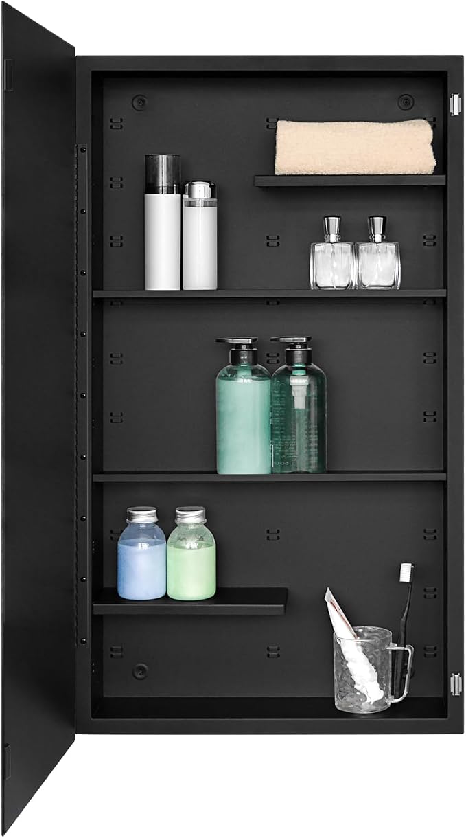 Black Metal Medicine Cabinet, 20 x 36 Beveled Mirror, Recessed Wall Storage | Recessed or Surface Mount Mirrored Cabinet with Adjustable Staggered Shelves, Piano Hinge, Reversible Door Swing, Matte Black