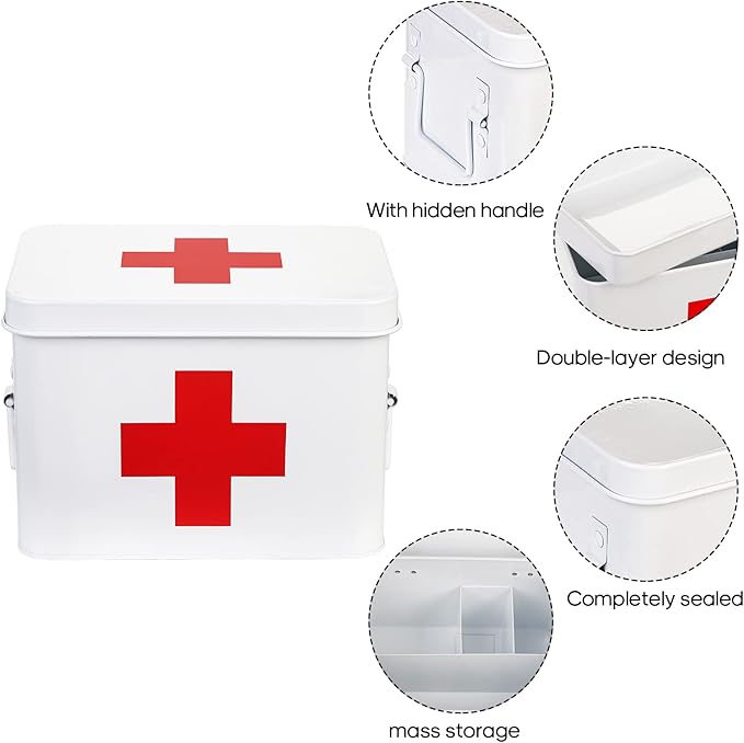 WUWEOT Metal First aid Box, Divided Medicine Tin First Aid Kit, Vintage Antique Empty Boxes with Lid and Removable Tray for Home Family Emergency Tool