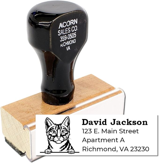 Peeking Egyptian Mau Cat Wood Handle Return Address Stamp - Crisp Imprint | Address Stamper for Veterinary Offices Personalized. Envelope Stamp with Egyptian Mau Cat Design. 4 lines.