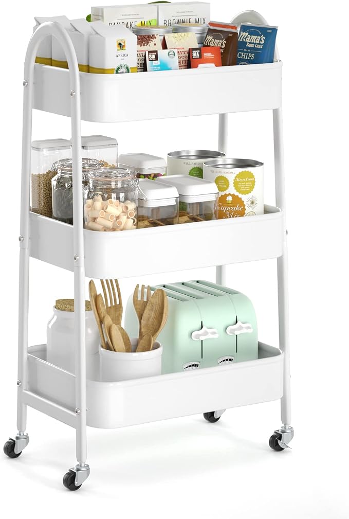 3 Tier Utility Rolling Cart, Metal Storage Cart with Handle and Lockable Wheels, Multifunctional Storage Organizer Trolley with Mesh Baskets for Kitchen, Living Room, Office, Garage (White)
