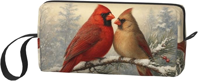 Cardinal Pair on Snowy Pine Makeup Bag for Women, Cosmetic Pouch | Double-Sided Winter Cardinal Cosmetic Organizer with Foam Padding for Women, Travel, Gym, School, and Daily Storage