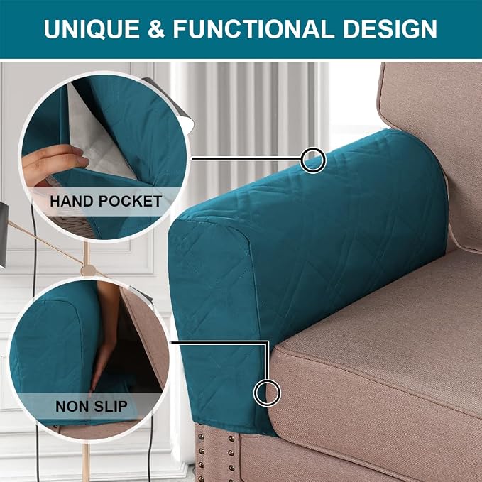 2-Pack Waterproof Armrest Covers for Couches & Chairs – Anti-Slip Furniture Protectors with Side Pockets, Washable Sofa Arm Covers, Universal Stretch Fit (Fits Most Armrests) (Dark Teal)