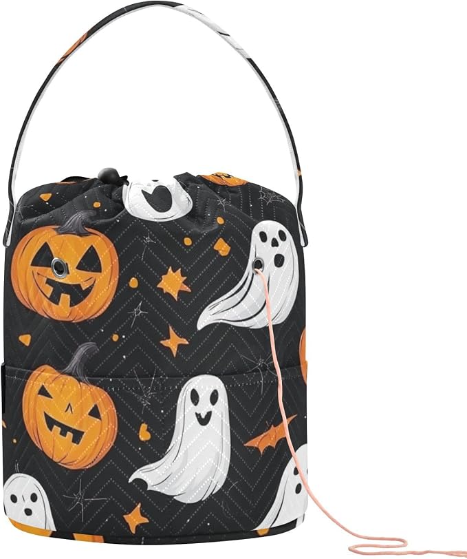 Tatenale Crochet Bag Yarn Bag Knitting Project Bag with Pockets and Handle Portable Yarn Storage Organizer Tangle Free 8.3x11 InchGothic Halloween Ghost Pumpkin and Spider Web04