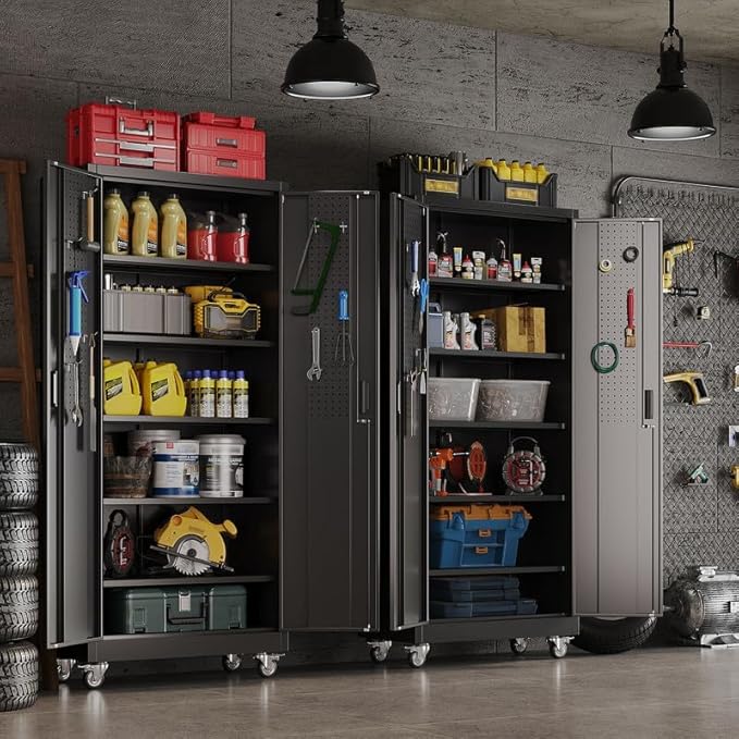 Metal Garage Storage Cabinet with Wheels and Door Pegboard (Pack of 2)