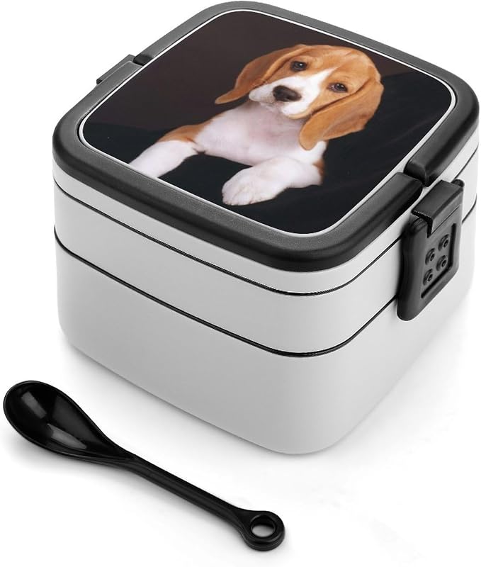 Ovely Pet Dog Beagle Double Layer Bento Box, 1000ml Stackable Leakproof Lunch Container with Spoon, Portable 2-Tier Food Storage Box for Office Work Picnic Camping and Travel