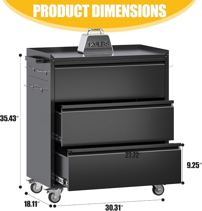 Garage Storage Cabinet with Wheels and Pegboard, Metal Rolling Tool Storage Cabinet with 3 Drawers for Garage, Home, Warehouse, Basement, Assembly Required, Black