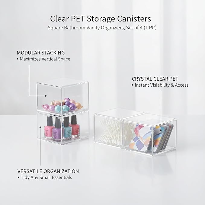 Clear PET Storage Canisters, Square Bathroom Vanity Organizers for Medicine Cabinet, Set of 4 (1 PC)