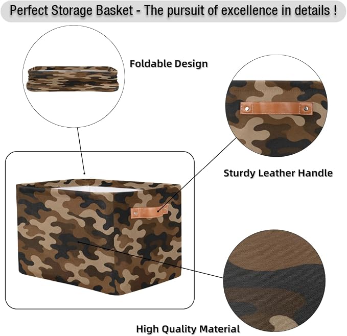 Pardick Camo Basket Storage Bins Rectangle Canvas Basket Cube Storage Box | Nursery Foldable Basket with Handle for Kids Girls Boys Toys Living Room Closet Organizer Shelf Gifts Camouflage Borwn